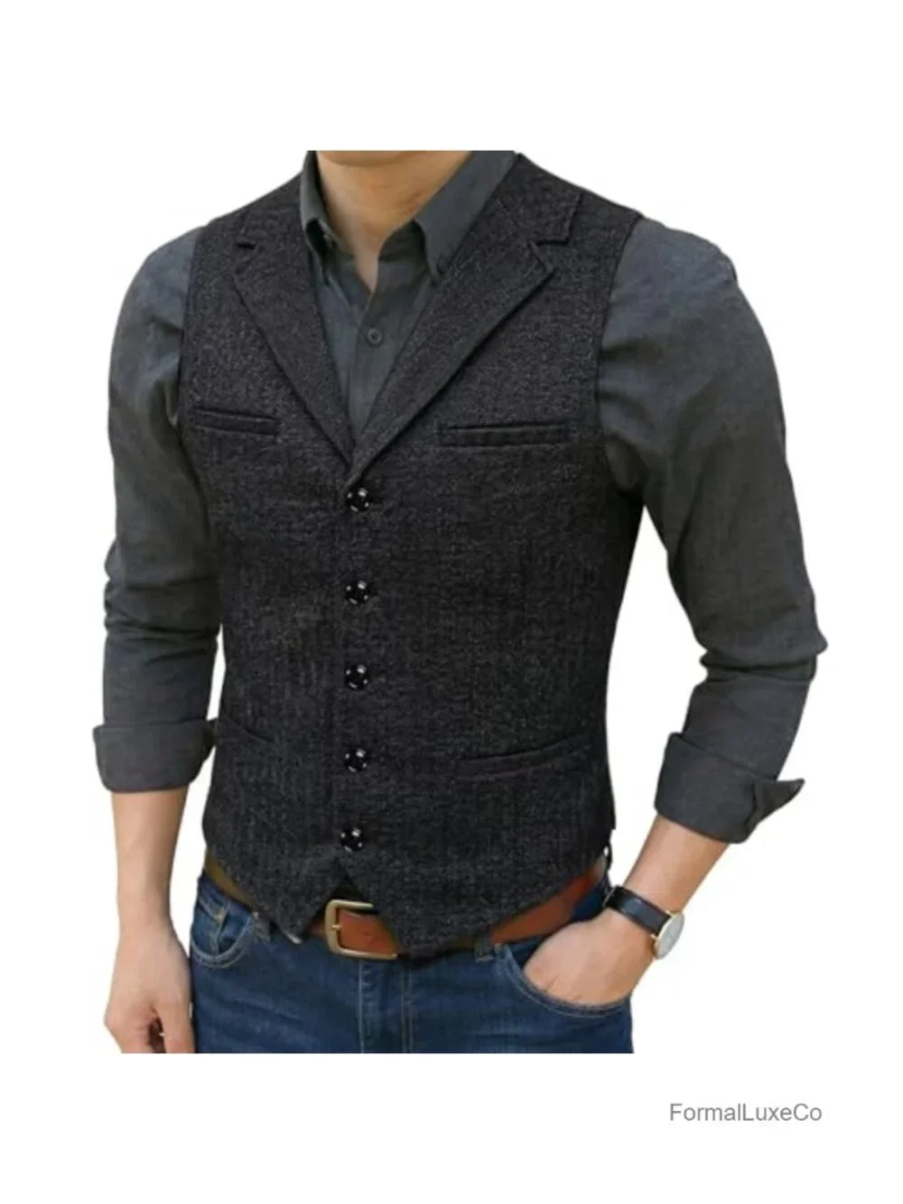 Men's Herringbone Slim Fit Waistcoat 5-Button Formal Vest
